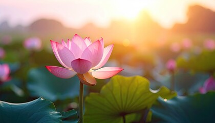 Pink Lotus Flower in Golden Sunset Light Serene Pond Landscape Detailed Petals and Leaves Warm Hues Tranquil Atmosphere Aquatic Beauty in Nature Close Up