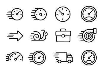 Various speed and movement icons representing time, delivery, and logistics in a simple design