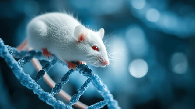 A white mouse is seen interacting with a DNA strand in a lab. The focus highlights ongoing research in genetics, exploring its implications for science and medicine