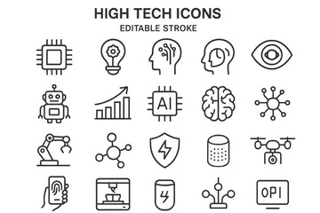 High tech symbol set features illustrations of innovation and technology concepts suitable for graphic design projects