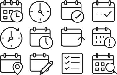 Calendar and time management icons for scheduling tasks and events in daily life or business activities