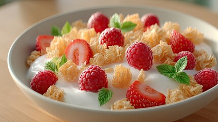 Overhead View of Breakfast Bowl with Granola Strawberries Raspberries and Mint on Creamy Yogurt on Wooden Table in Natural Light