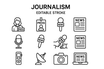Journalism icons illustrating press activities, media tools, and news reporting elements in a simple, graphic style