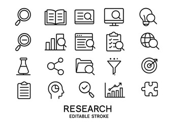 Variety of icons representing research activities and tools for academic and professional projects