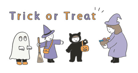 トリックオアトリート！お菓子をもらいに来た仮装中の子どもたち 魔女/黒猫/ゴースト/お化け/お菓子