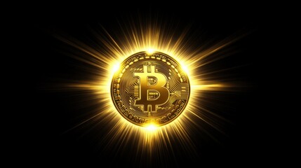 Golden Coin with Shining Light on Dark Background, Modern Currency