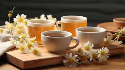 Cups of tea with floral decorations