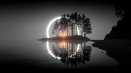 Silhouette trees moonlit lake