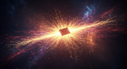 Fiery quantum core explodes with radiant energy and cosmic dust creates a dynamic abstract background.