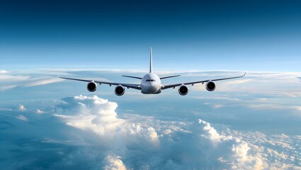 Airplane flying above the clouds in a clear blue sky on a sunny day with good visibility