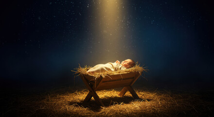 Newborn baby lying in a manger under a bright star at night. Christmas nativity scene with divine light. Religious holiday concept.