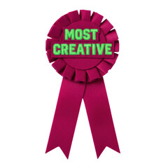 Deep fuchsia felt rosette ribbon with 'Most Creative' embroidered in neon green, handmade texture, trailing streamers, on transparent studio background with subtle bokeh, concept of unique talent and