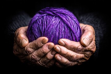 Fototapeta premium Elderly hands holding vibrant purple yarn ball on dark background