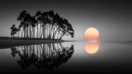 Sunrise reflection trees silhouette