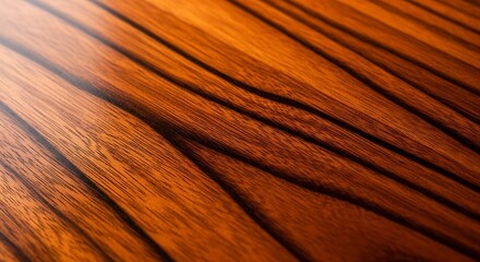 Close-up view of richly colored wood grain, exhibiting a polished, smooth surface with a subtle sheen and flowing, dark lines