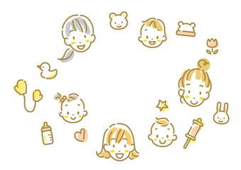 A frame of baby, mother, and other decorations. A stylish and cute hand-drawn watercolor line drawing illustration.