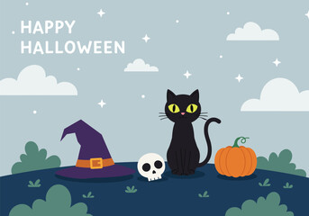 Fototapeta premium Cute cartoon cat and pumpkin vector illustration for Halloween card design