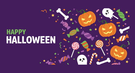 The cartoon vector art features a funny with Halloween candy and pumpkins for kids to love