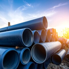 Stacked blue plastic pipes under a sunset sky