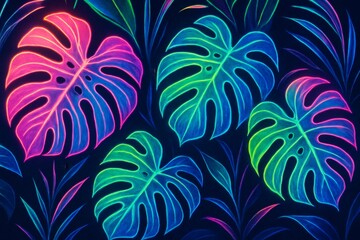 Vibrant Neon Monstera Leaves in a Tropical Jungle, Painting