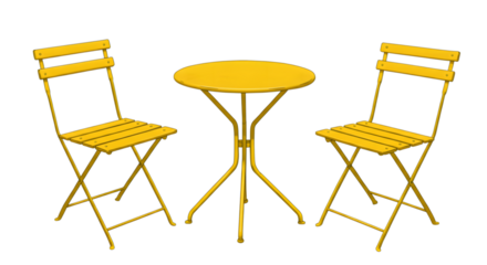 Watercolor painting of a yellow bistro table and chairs isolated on transparent background