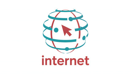 A globe with teal orbits and a red arrow pointing inward above the word internet in red font