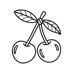 Sweet Pair of Cherries Outline Drawing with Stem and Leaves: Simple Vector Line Art Illustration of Berries for Food, Dessert, or Educational Design