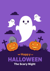 A spooky vector set of Halloween featuring a jack o'lantern, and ghost in a graveyard