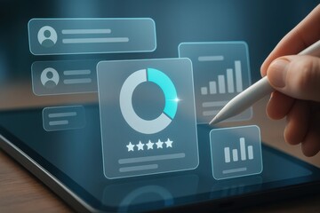 Tablet with stylus showing holographic analytics charts and five star rating
