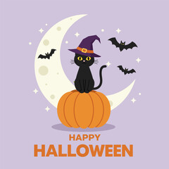 A black cat wearing witch hat standing on a pumpkin
