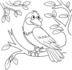 Obraz premium Friendly Cartoon Crow or Raven Perched on a Tree Branch Line Art: Detailed Outline Drawing of a Happy Bird for Nature or Coloring Book Design