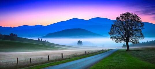 A Peaceful Sunrise over a Winding Country Road near Great Smoky Mountains National Park Area