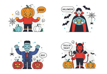 Cartoon vector set of funny Halloween characters including pumpkin man, dracula, frankenstein, and demon