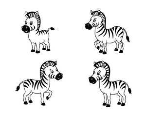 Four adorable cartoon zebras in different playful poses standing on a white background black and white illustration