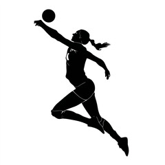 Obraz premium Silhouette of Female Volleyball Player Jumping to Spike Ball in Vector Graphic