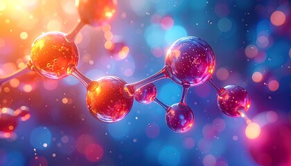 Abstract 3D render of a molecule, glowing spheres connected by bonds, set against a bokeh background