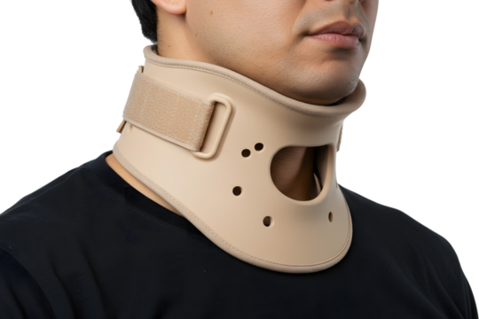 Man wearing a neck brace isolated on transparent background after a neck injury