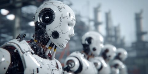 Fototapeta premium Futuristic humanoid robots in a factory setting showcasing advanced technology, artificial intelligence, and automation for various industries and applications