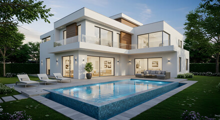 A home with a large, inviting swimming pool in front