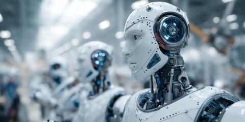 Fototapeta premium Futuristic humanoid robot standing in a modern industrial facility showcasing advanced artificial intelligence and robotics technology in a bright environment