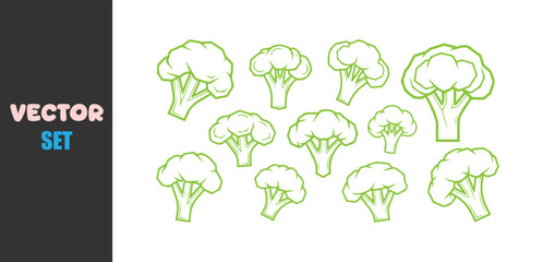 Collection of hand drawn broccoli florets in green outline on white background