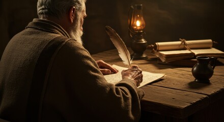 Old man writing with quill pen by lantern light. Historian copying ancient text. Biblical age scribe working on parchment in dim light.