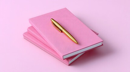 Elegant pink notebook and stylish golden pen arranged on a plain pink background, showcasing a modern and professional stationery setup.