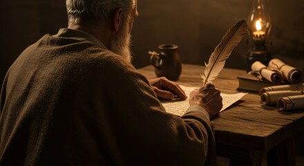 Old man writing with quill pen in ancient setting. Historical scribe or author illuminated by oil lamp. Bible or scroll writing.