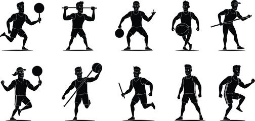 Athlete silhouette illustrations with sports poses, running, barbell lifting, medicine ball, paddle, bat, fitness training, strength artwork design sequence
