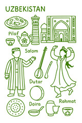 Uzbekistan Culture Illustration Set &ndash; Traditional People, Music, Dance, Food, and Symbols
