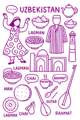 Uzbekistan Culture Illustration Set &ndash; Traditional People, Music, Dance, Food, and Symbols