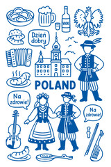 Polish Poland Culture Illustration Set – Traditional People, Music, Dance, Food, and Symbols
