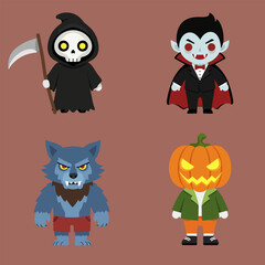 Four of chibi monster and ghost elements for celebrate halloween night, vector illustration