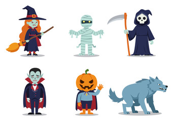 Six of monster and ghost elements for celebrate halloween night, vector illustration